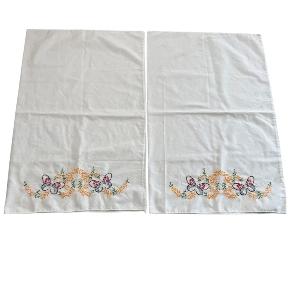 Vintage 50's Hand Embroidered Pillowcases Butterfly Floral Pair MCM Cottagecore